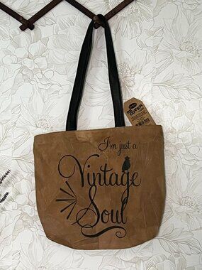 Im Just A Vintage Soul Recycled Leather Tote Bag By Divinity